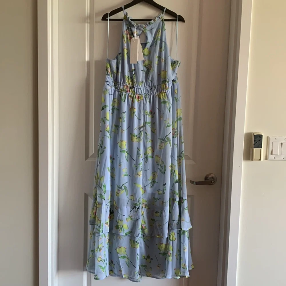 Adyson Parker NEW Halter Dress Blue 3X Midi Floral Whimsical Romantic Vacation